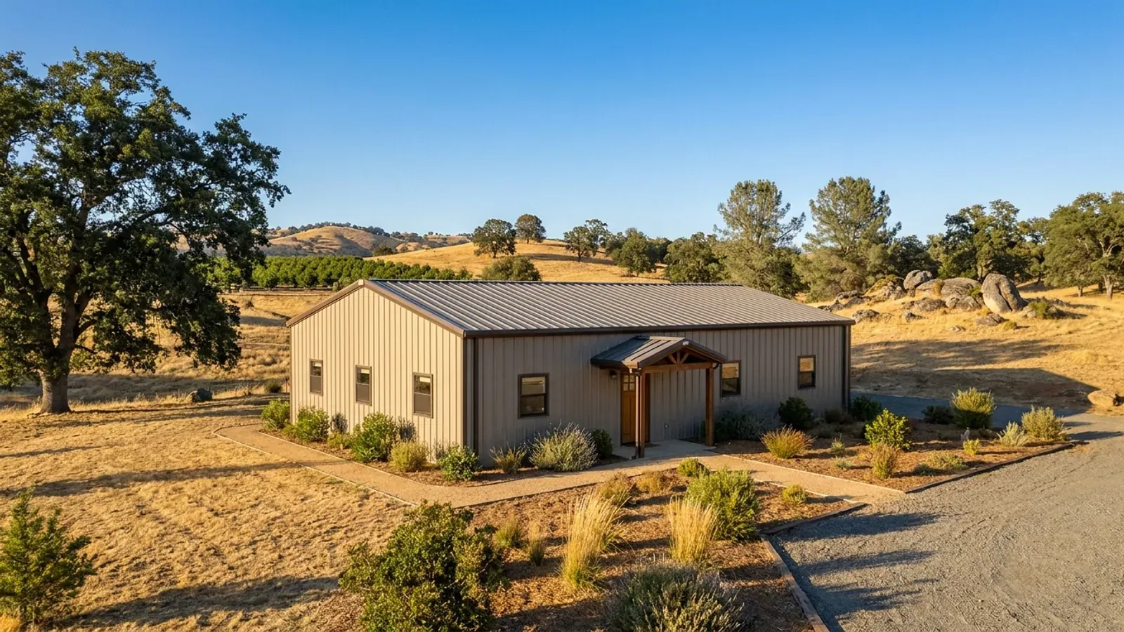 A compact 30x40 barndominium sized like a starter home or cabin, with a covered entry porch and no large shop bay.