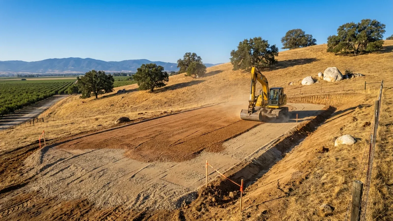 An excavator grading a compacted gravel building pad on a cleared foothill lot, with survey stakes, a drainage swale and oaks on the dry slope behind.